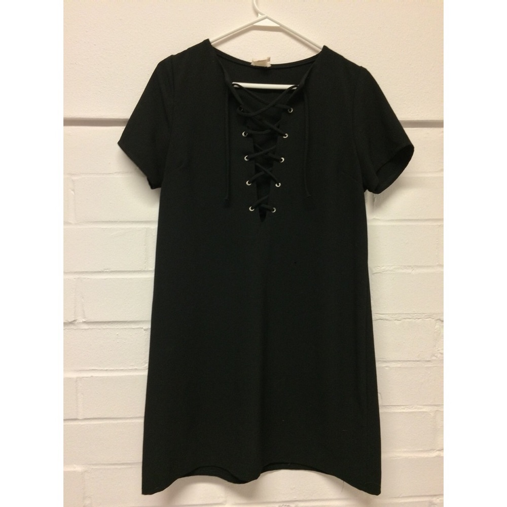 Lace Up Front Black TShirt Dress